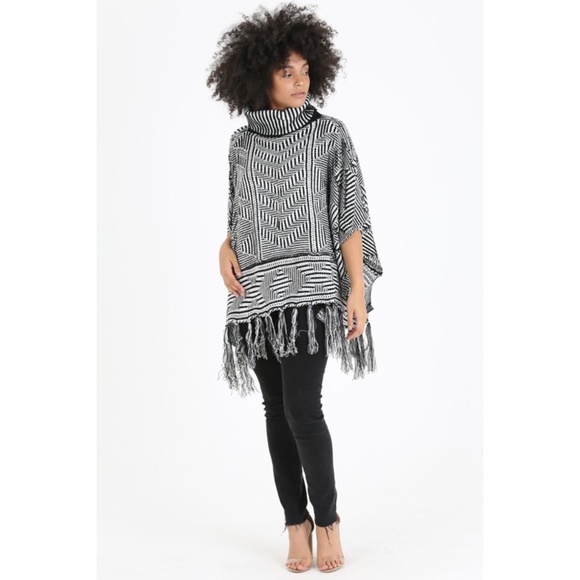 ANGIE Black & White Cowl Neck Poncho with Fringe - Picture 5 of 7